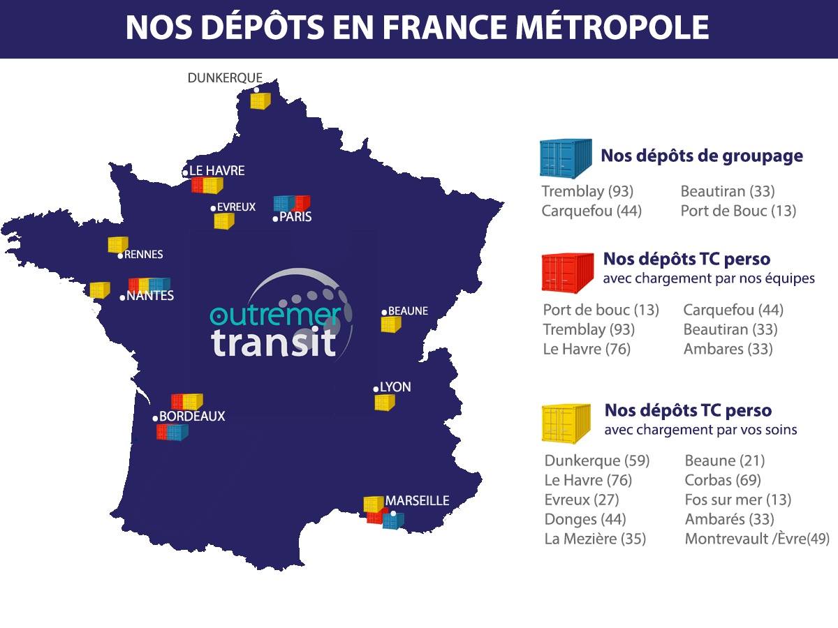 Carte des dépôts groupage et conteneurs France Métropole Outremer Transit